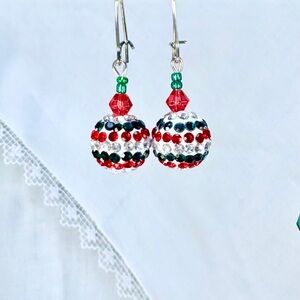 Handcrafted Christmas Holiday Earrings Pierced Red Green Silver Rhinestones